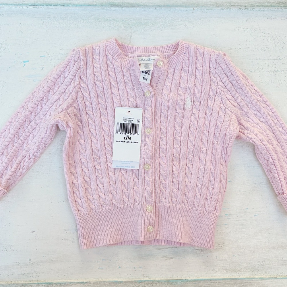 NWT Polo Ralph Lauren Girl Baby Pink Button Cardigan Sweater Cable Knit 12 Mths